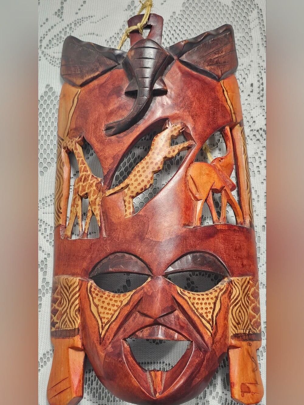 Hand-Carved African Animal Mask Wall Art - Brown